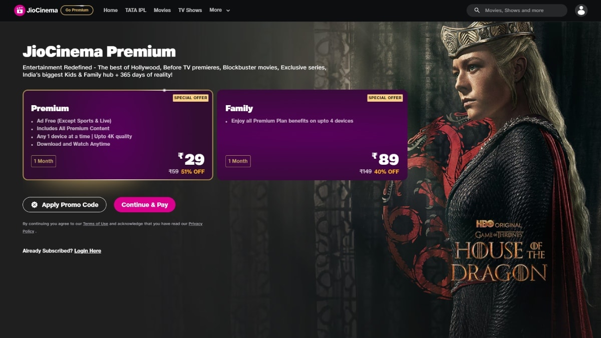 jiocinema premium plans jiocinema